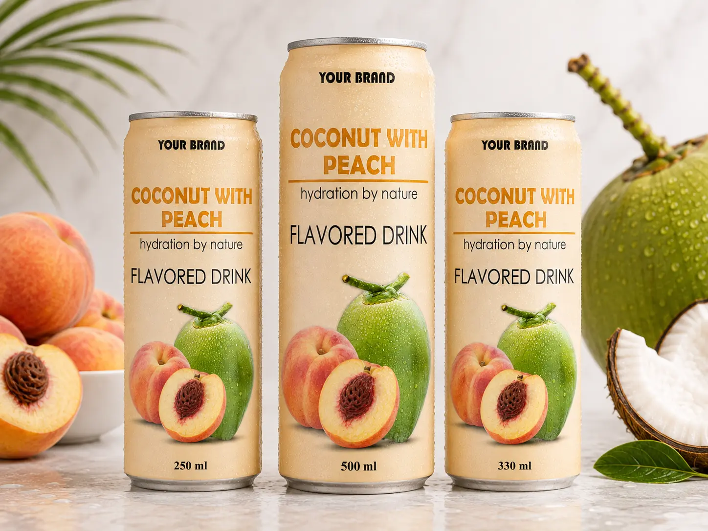 COCONUT FLAVORED DRINK peach flavour shown in 250ml, 500ml, and 330ml cans.